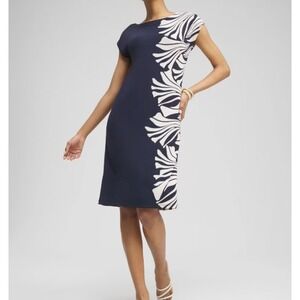 Chico's $129 Travelers Floral Print Slinky Cap Sleeve Dress Navy Ivory Sz 1‎ Med